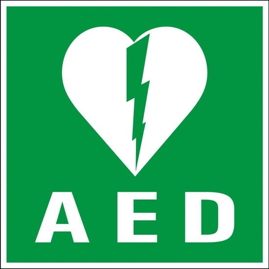 Icoon van hart met daarin bliksemschicht en letters AED